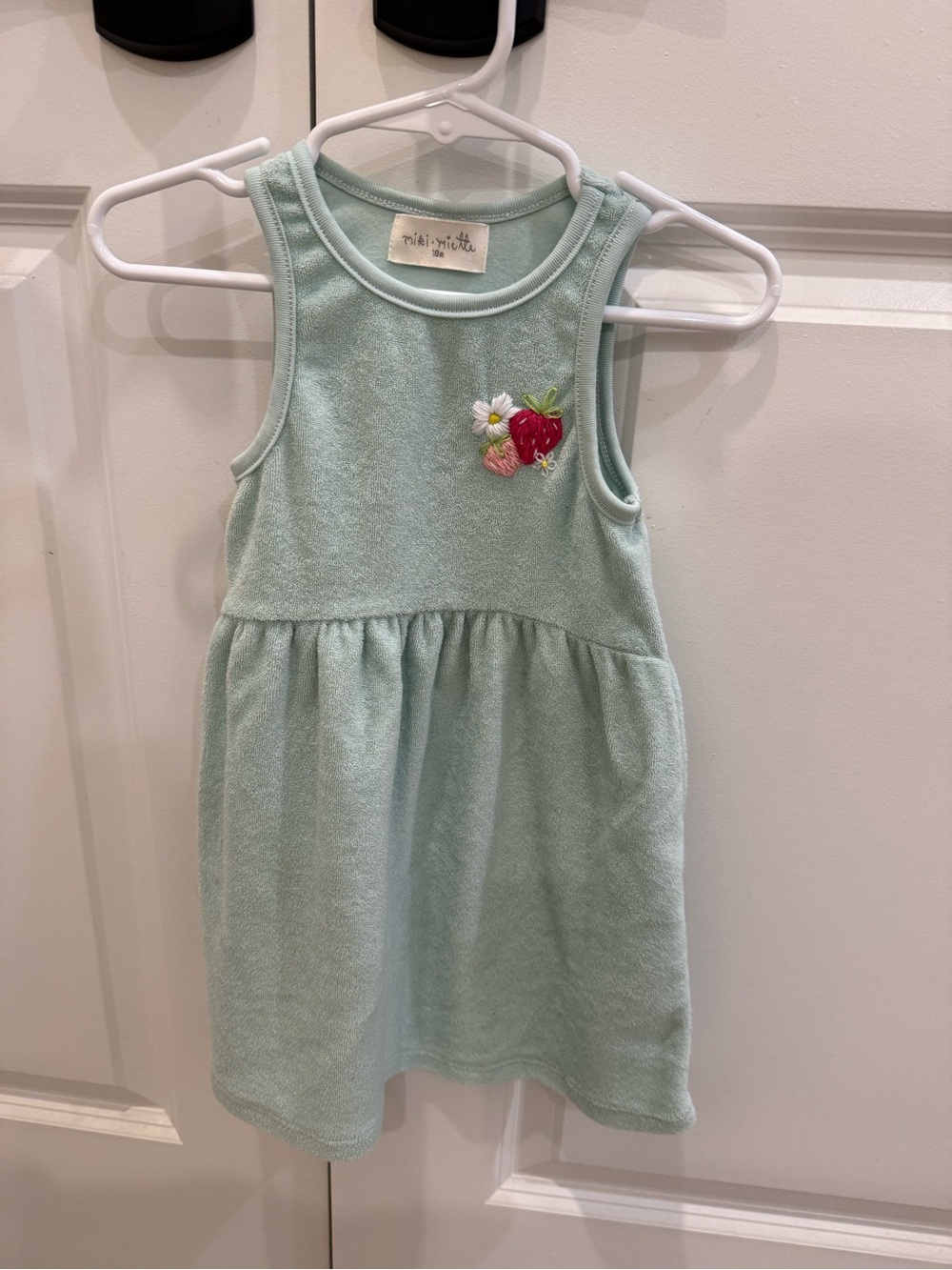 Light Blue Girls' Terry Knit Dress with Strawberry Embroidery